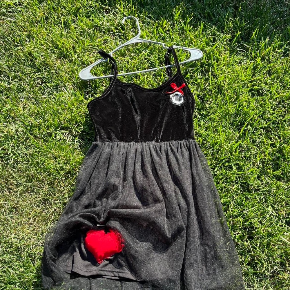 Fang Goth Black Velvet Dress with puffy Red Heart pillow Accent w/black lace